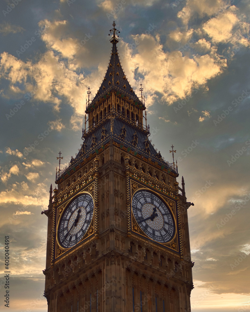 big ben tower clock under dramatic sky, London UK