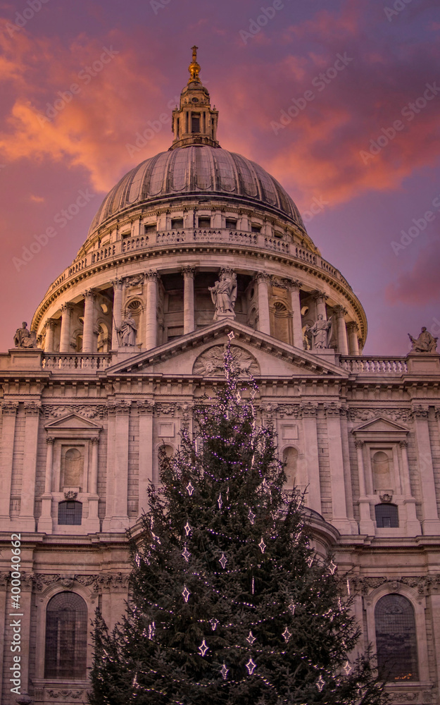 Christmas tree in front of St Paul's cathedral under impressive sky, London UK