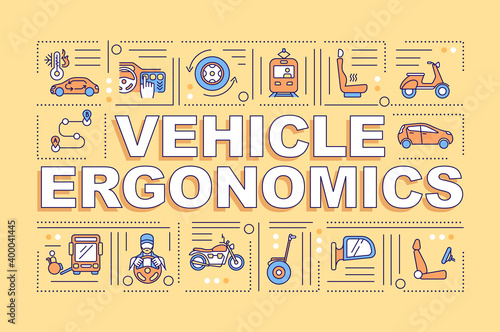 Vehicle ergonomics word concepts banner. Different convinient car devices. Infographics with linear icons on yellow background. Isolated typography. Vector outline RGB color illustration photo
