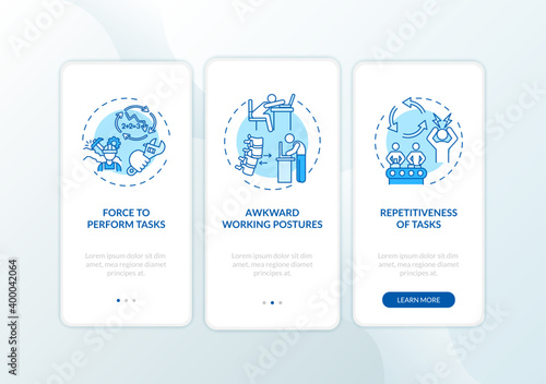 Ergonomic stressors onboarding mobile app page screen with concepts. Awkward working positions, repetitiveness walkthrough 3 steps graphic instructions. UI vector template with RGB color illustrations