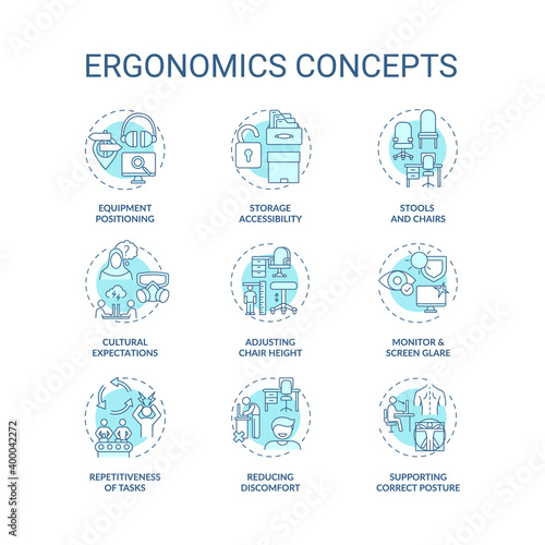 Ergonomics concept icons set. Safe workplace idea thin line RGB color illustrations. Correct posture. Storage accessibility. Cultural expectations. Vector isolated outline drawings. Editable stroke