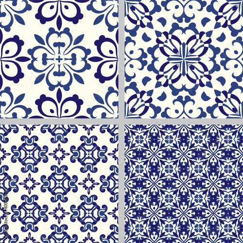 Set of Indigo blue flower azulejos lisbon patterns. Floor tile oriental spain collection seamless textures. Portugal geometric ceramics. Vector arabesque Textures