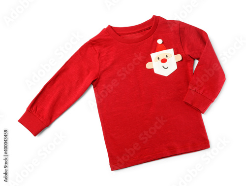 Red jumper with Santa Claus face isolated on white, top view. Christmas baby clothes