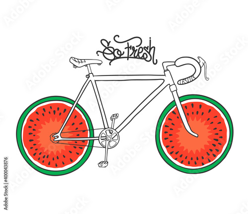 Bicycle with watermelon as wheel, t-shirt print