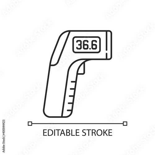 Infrared thermometer linear icon. Measuring temperature from distance. Non-contact thermometer. Thin line customizable illustration. Contour symbol. Vector isolated outline drawing. Editable stroke