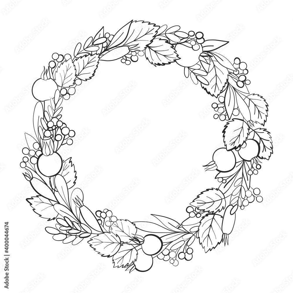 Beautiful floral wreath made of rosehip leaves and berries. Floral frame. Herbal vector illustration for cards, wedding, birthday, congratulations. Hand drawn decor. Black and white outline Beautiful floral wreath made of rosehip leaves and berries. Floral frame. Herbal vector illustration for cards, wedding, birthday, congratulations. Hand drawn decor. Black and white outline