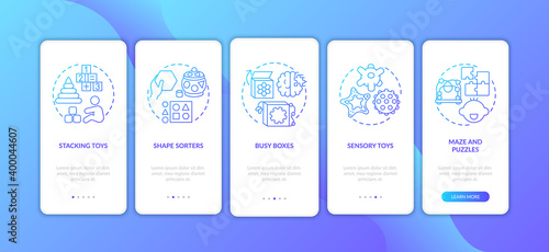 Baby toys dark blue onboarding mobile app page screen with concepts. Busy box. Early childhood development walkthrough 5 steps graphic instructions. UI vector template with RGB color illustrations
