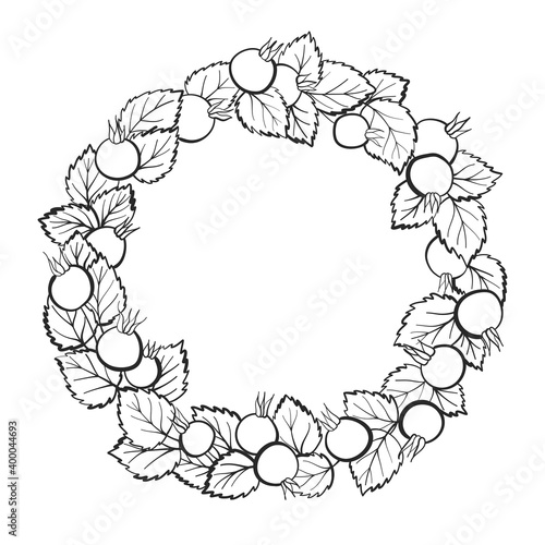 Beautiful floral wreath made of rosehip leaves and berries. Floral frame. Herbal vector illustration for cards, wedding, birthday, congratulations. Hand drawn decor. Black and white outline