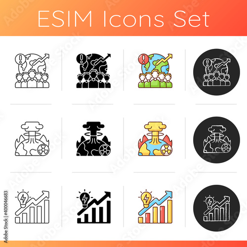 Global warming icons set. Farming livestock damaging earth atmosphere. Radiative forcing income. Rising seas levels. Linear, black and RGB color styles. Isolated vector illustrations