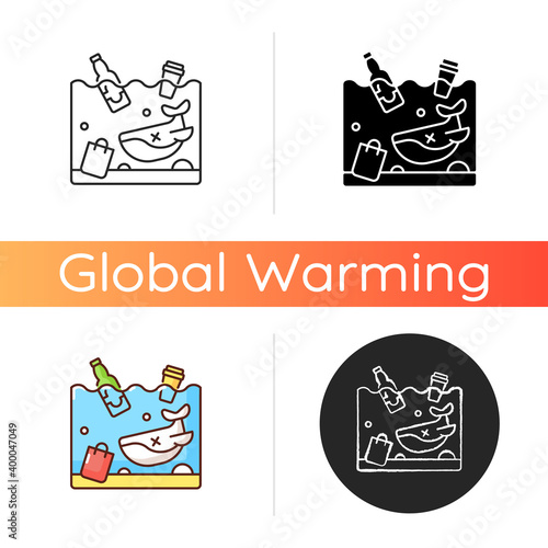 Ocean pollution icon. Harmful chemicals in water bodies. Residential waste from big factories. Creating climate problems. Linear black and RGB color styles. Isolated vector illustrations