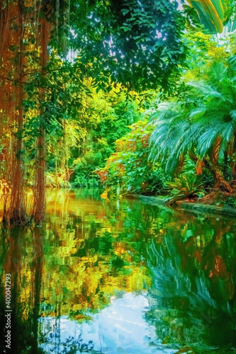 The wild nature. Landscape of beautiful tropical forest and river. Vertical image.