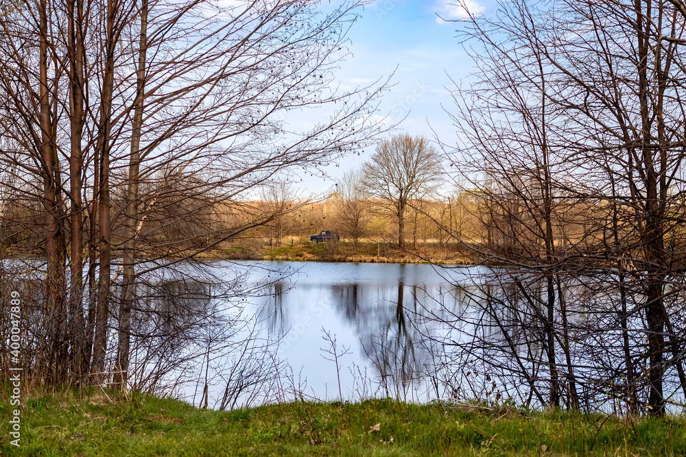 Nature awakening. Spring landscape with trees and grass on river. Nature awakening. Spring landscape with trees and grass on river.