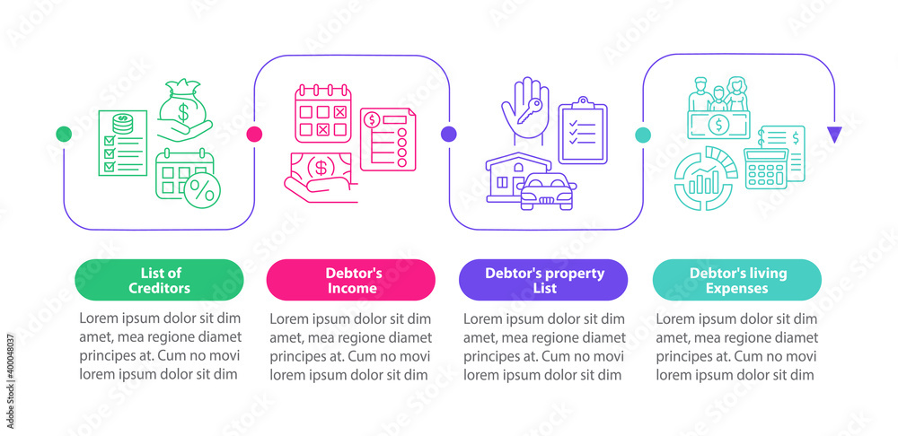 Creditor and debtor documentation vector infographic template. Finance presentation design elements. Data visualization with 4 steps. Process timeline chart. Workflow layout with linear icons