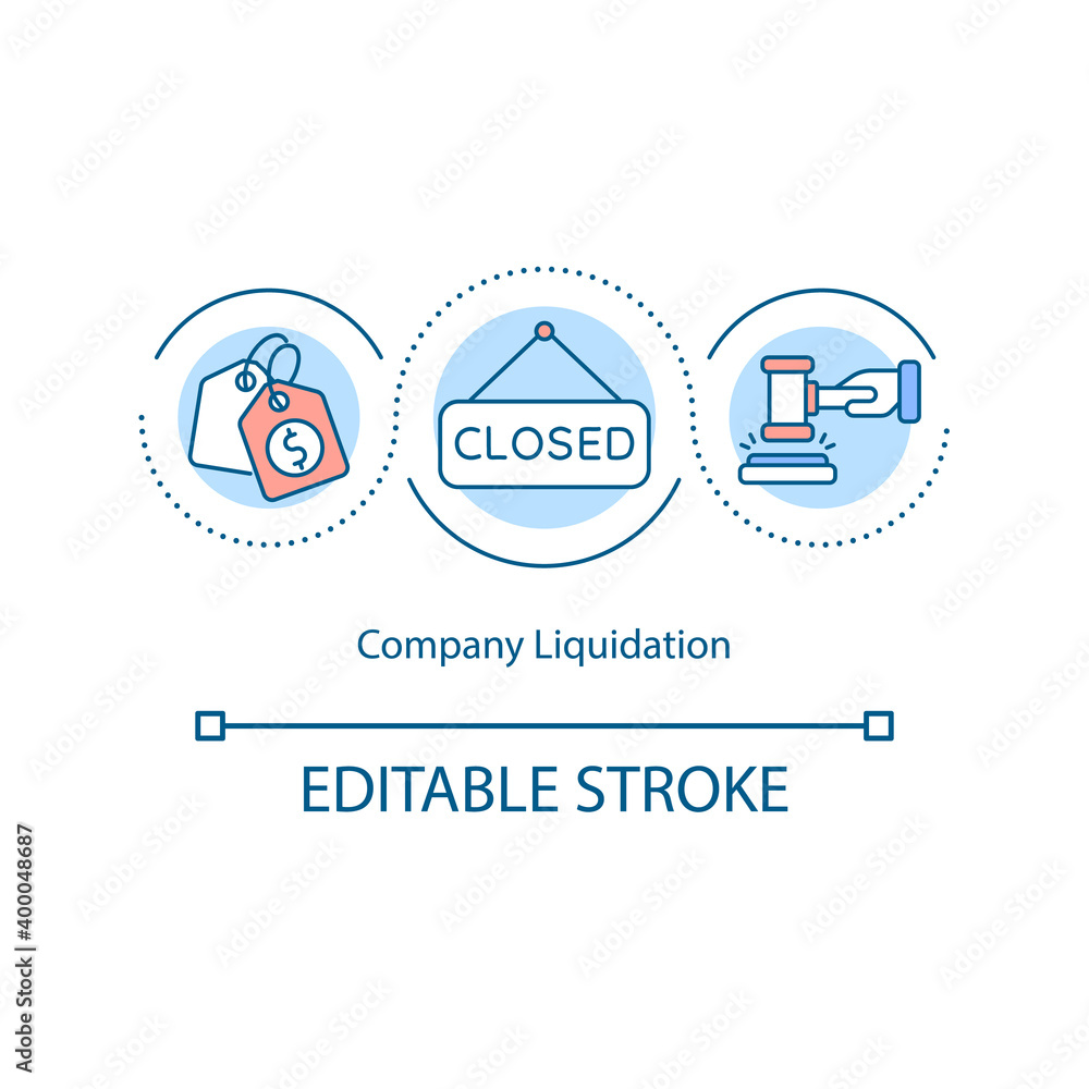 Company liquidation concept icon. Closing insolvent business idea thin line illustration. Selling off assets. Winding up limited firm. Vector isolated outline RGB color drawing. Editable stroke Company liquidation concept icon. Closing insolvent business idea thin line illustration. Selling off assets. Winding up limited firm. Vector isolated outline RGB color drawing. Editable stroke