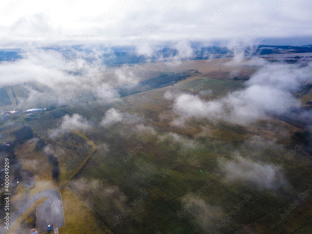 Aerial view of Viskyar Mountain covered with low clouds, Bulgaria