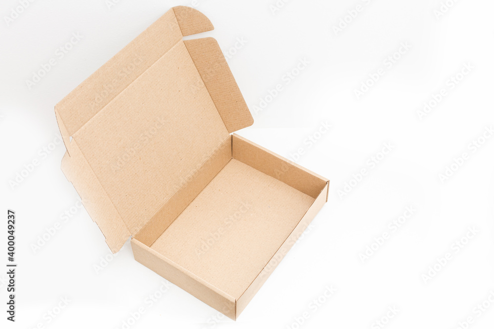 Online shopping, opening box on a white background with copy space Online shopping, opening box on a white background with copy space