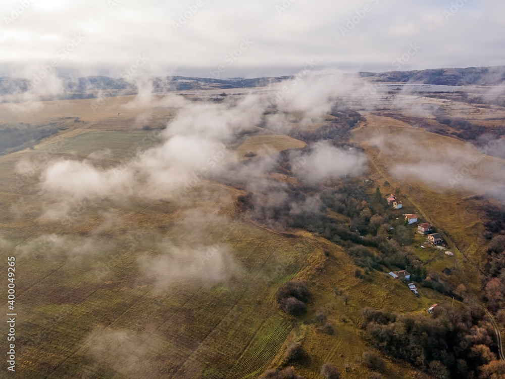 Aerial view of Viskyar Mountain covered with low clouds, Bulgaria