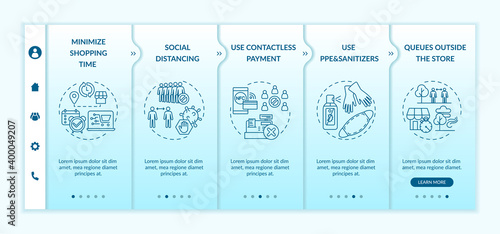 Safe shopping during Covid advices onboarding vector template. Social distancing. Queues outside store. Responsive mobile website with icons. Webpage walkthrough step screens. RGB color concept