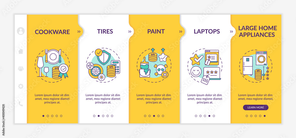 Spending more for high quality items onboarding vector template. Kitchenware, tires and wheels. Responsive mobile website with icons. Webpage walkthrough step screens. RGB color concept