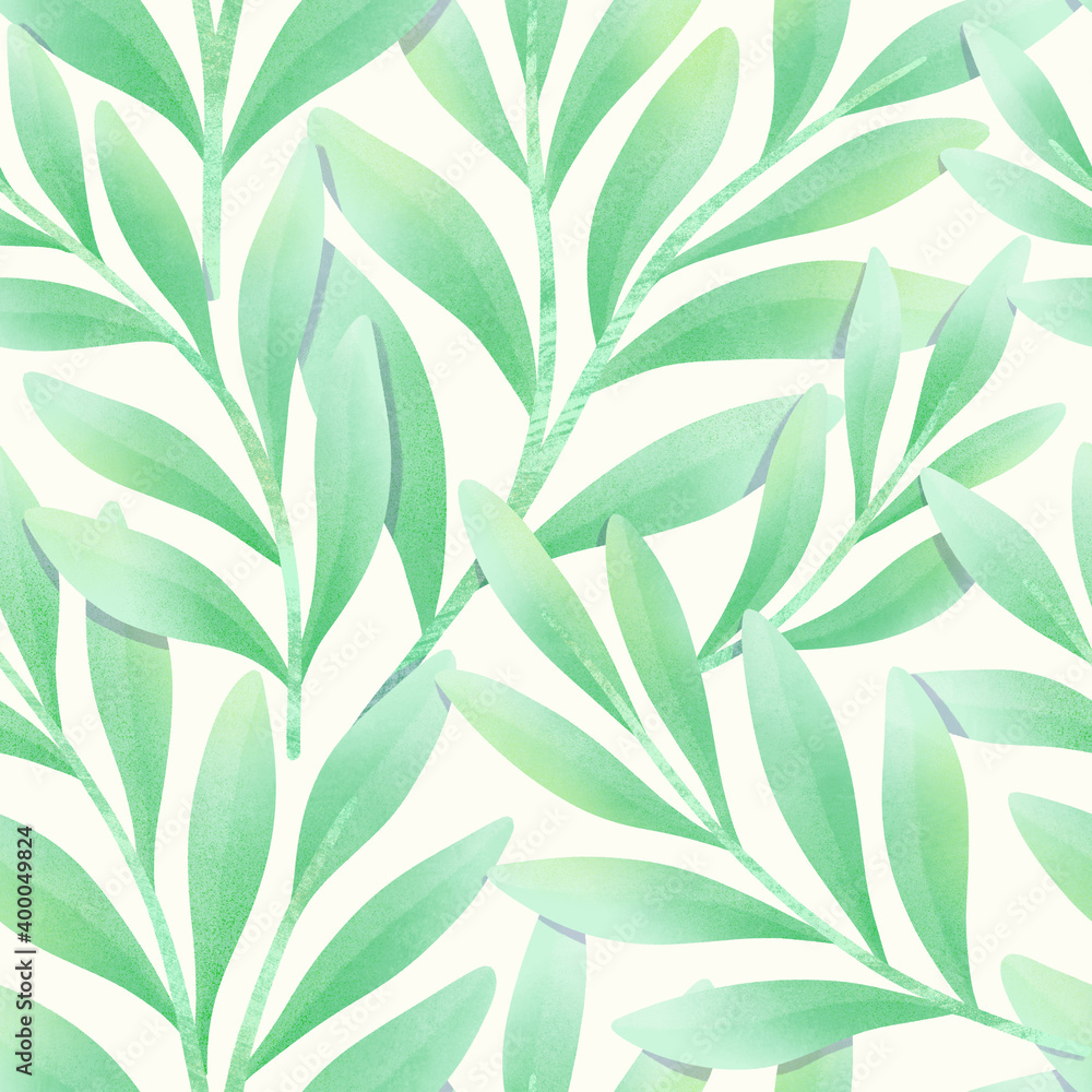 Botanical floral seamless pattern. Hand painting illustration with leaves. Stylish digital painting fabric design.