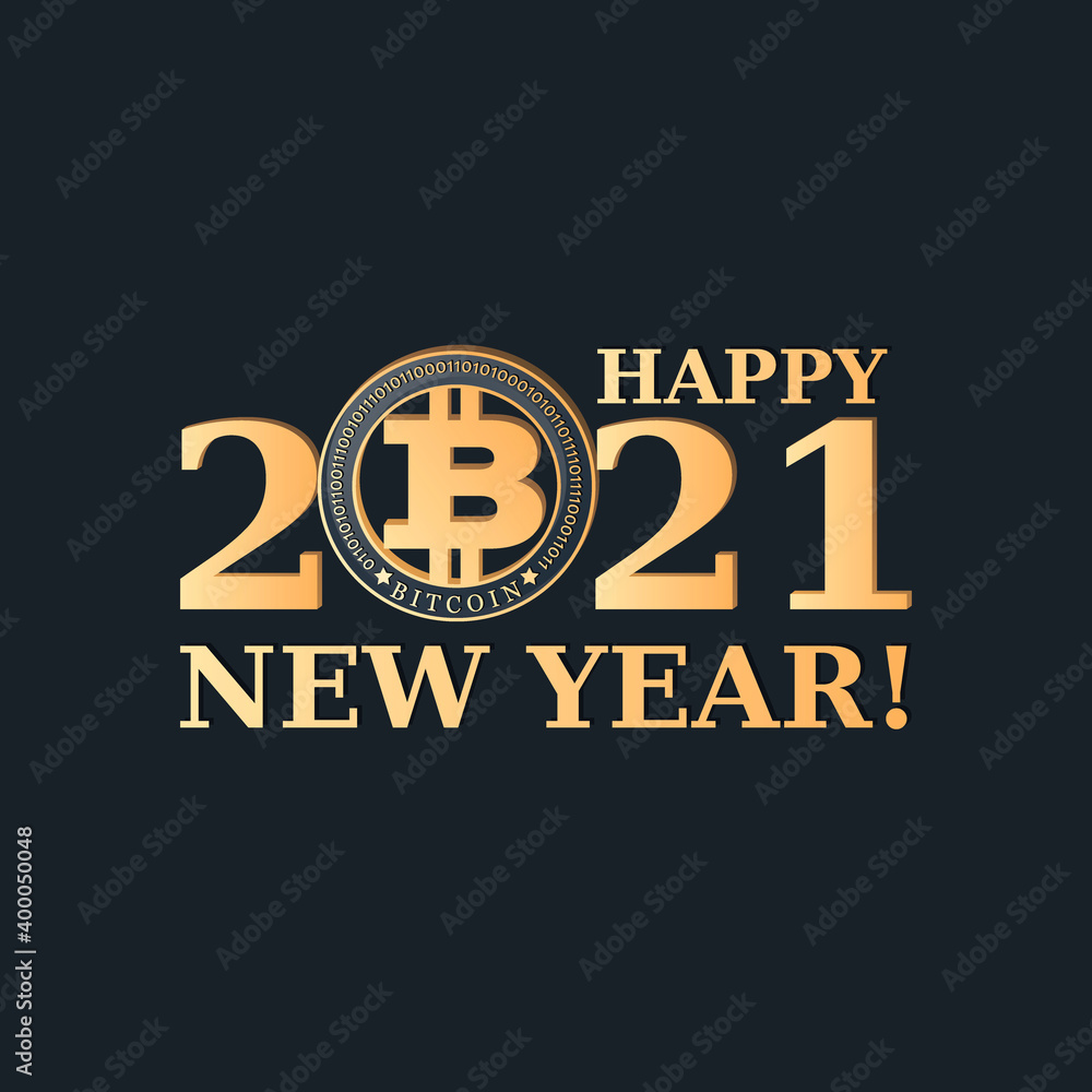 BITCOIN 2021. HAPPY NEW YEAR. MERRY CHRISTMAS. Greeting card, poster. Crypto currency coin and big numbers isolated on black background. Vector illustration. BITCOIN 2021. HAPPY NEW YEAR. MERRY CHRISTMAS. Greeting card, poster. Crypto currency coin and big numbers isolated on black background. Vector illustration.