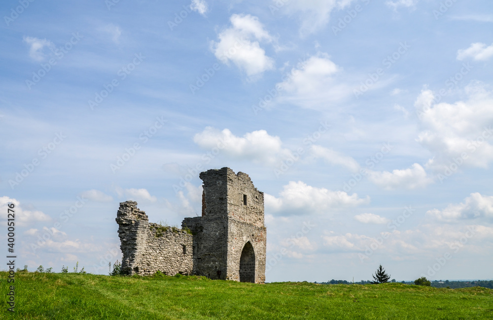 Ruined gates of medieval Kremenets castle located on top of a hill in Kremenets town, Ternopil region, Ukraine.
