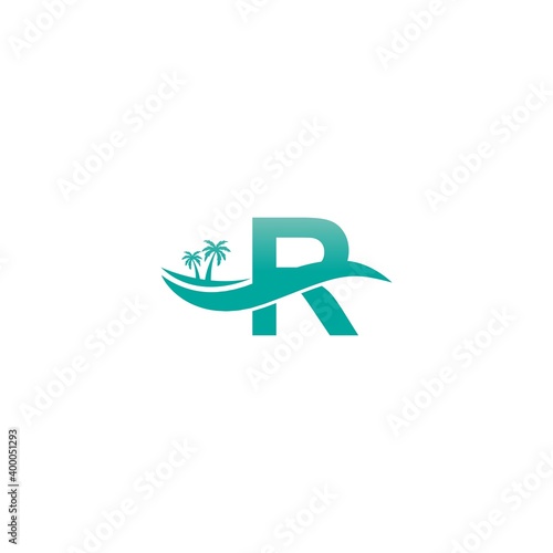 Letter R logo  coconut tree and water wave icon design