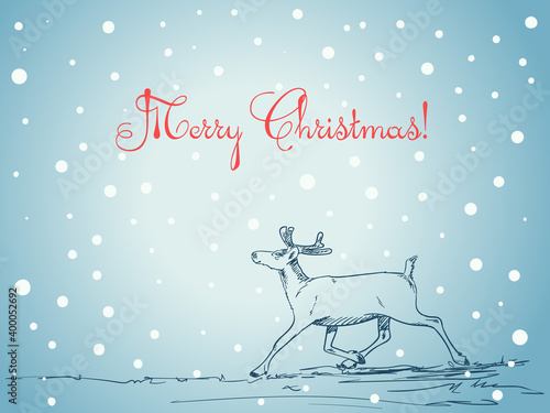 Christmas card, Deer in blue winter nature hand drawn