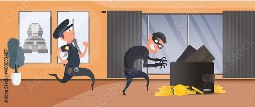 Burglar steals money from the house. A police officer detains a robber. Security concept, protection of personal finance. Vector illustration.