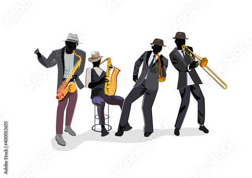  Musicians at the party. Jazz band. Hand drawn vector illustration.