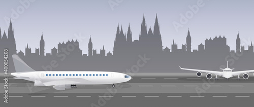 Airplane on the runway. Airport Runway. Vector