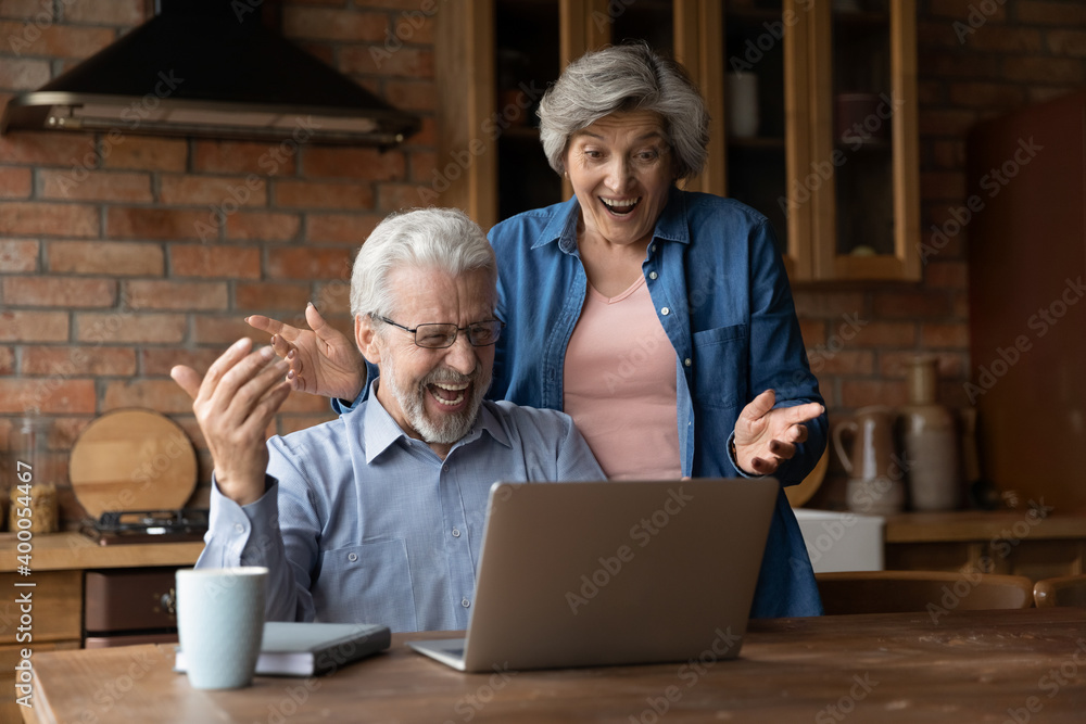 Overjoyed old mature retired family couple looking at laptop screen, feeling excited of getting email with unbelievable good news. Emotional happy middle aged man and woman reading win notification. Overjoyed old mature retired family couple looking at laptop screen, feeling excited of getting email with unbelievable good news. Emotional happy middle aged man and woman reading win notification.