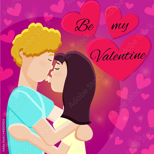 Be my valentine. Kissing couple. Valentine s day. Happy and in love people. Woman and man in love