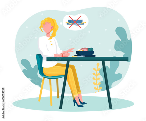 Young blond woman doesnt want to eat. Female character with anorexia sitting in front of plate full of food. Concept of disosrder and depression, anorexia. Flat cartoon vector illustration