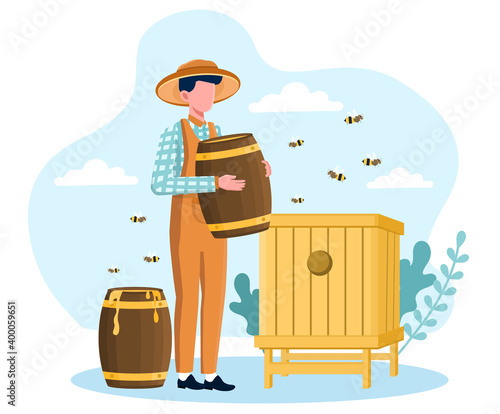 Male beekeeper at the apiary holding barrel with honey. Man collecting honey kept in barrels with bees flying around him. Cartoon flat vector illustration