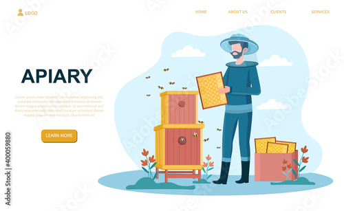 Male beekeeper at the apiary holding barrel with honey. Man collecting honey kept in barrels with bees flying around him. Website, web page, landin page template. Cartoon flat vector illustration