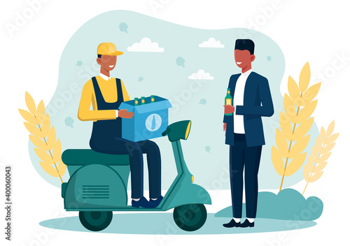Male delivery man came on scooter to deliver a box of beer. Concept of easy and fast way to order drinks. Satisfied customer stand near delivery man and check beer. Flat cartoon vector illustration