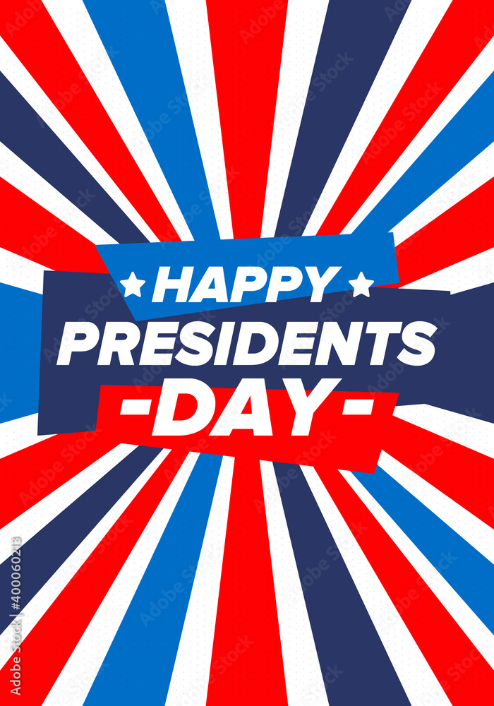 Happy Presidents day in United States. Washington's Birthday. Federal holiday in America. Celebrated in February. Patriotic american elements. Poster, banner and background. Vector illustration