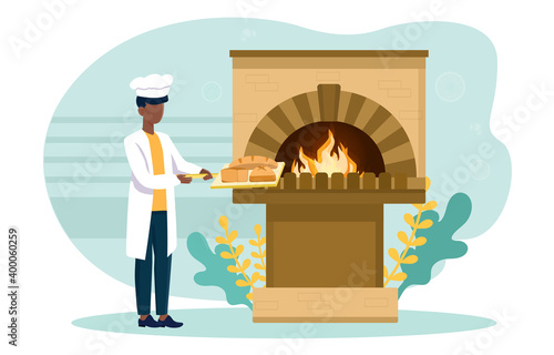 Male character cook puts bread in the oven. Concept of bread production. Man in white robe making bread sor sale. Flat cartoon vector illustration