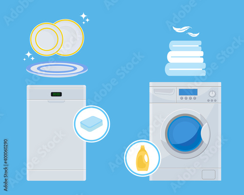 Washer. Dishwasher. Modern household appliances. Cleanliness and comfort in the house. Vector illustration