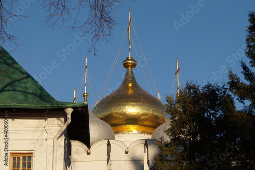 capital of russia: golden domes of the monastery in the center of moscow on a sunny day