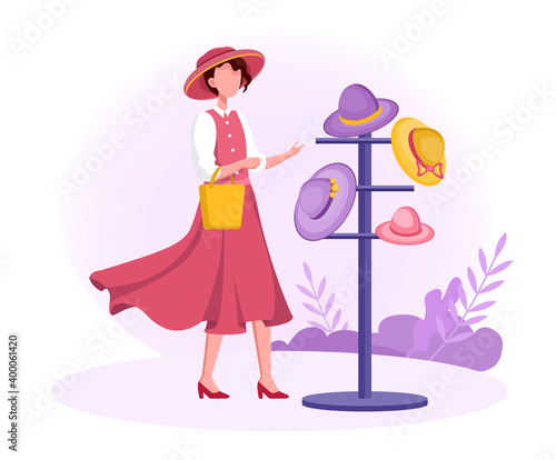 Female character trying on hats in hat shop. Modern hats store interior. Elegant male and female summer sun hats and caps, baseball and panama. Flat cartoon vector illustration