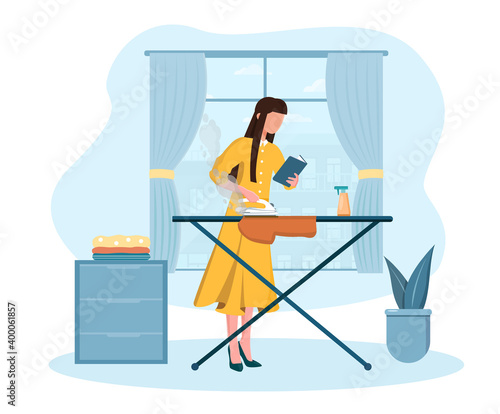 Housewife ironing clothes and reading a book at home. Female character at ironing board. Fold clothes. Flat cartoon vector illustration