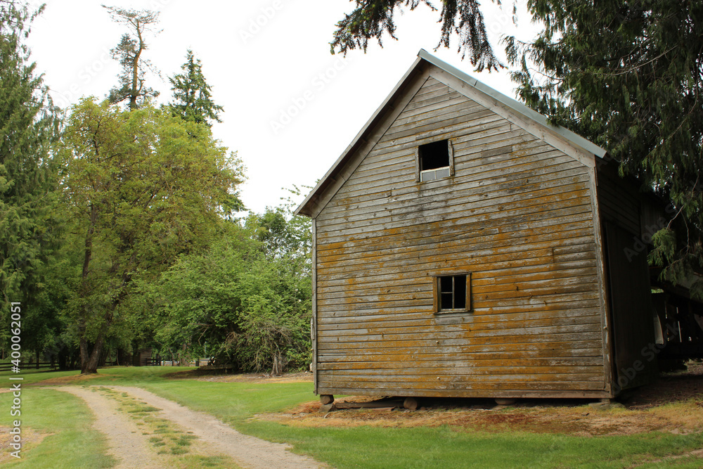 Fototapeta premium Old Barn with Missing Windows and Moss on Dirt Road in the Country