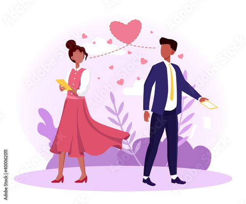 Man and woman falling in love at first sight. Male and female characters saw each other on the city street. Concept of love and relationship. Flat cartoon vector illustration