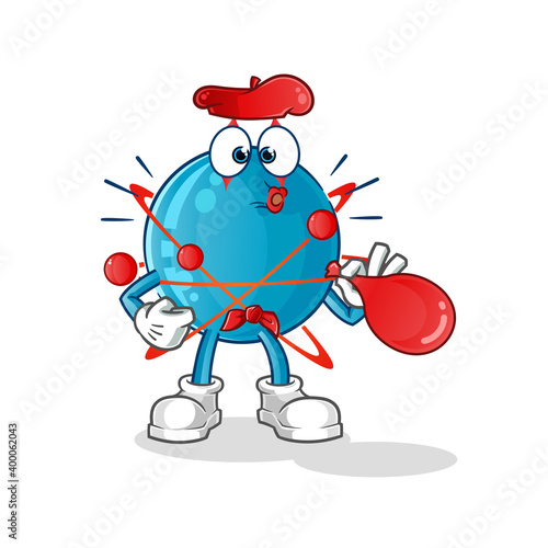 atom pantomime blowing balloons character. cartoon mascot vector