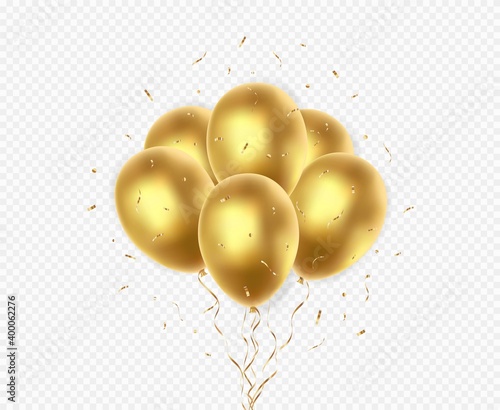 Banner with gold floating balloons isolated on transparent background.	