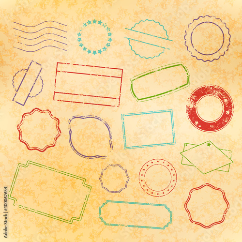 Set of retro post and border stamps, grunge postmarks in old style on yellow paper