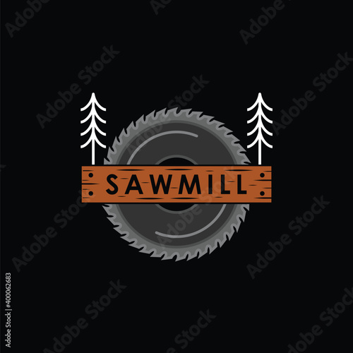 Vintage sawmill carpentry circular saw wooden logo design vector illustration