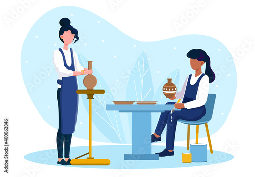 Professional female potter masters making and painting new vases in a workshop. Concept of handmade ceramics creation. Flat cartoon vector illustration